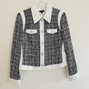 Vintage‎ Tesori Tweeded and Leather Black White Button Lined Blazer Size Medium